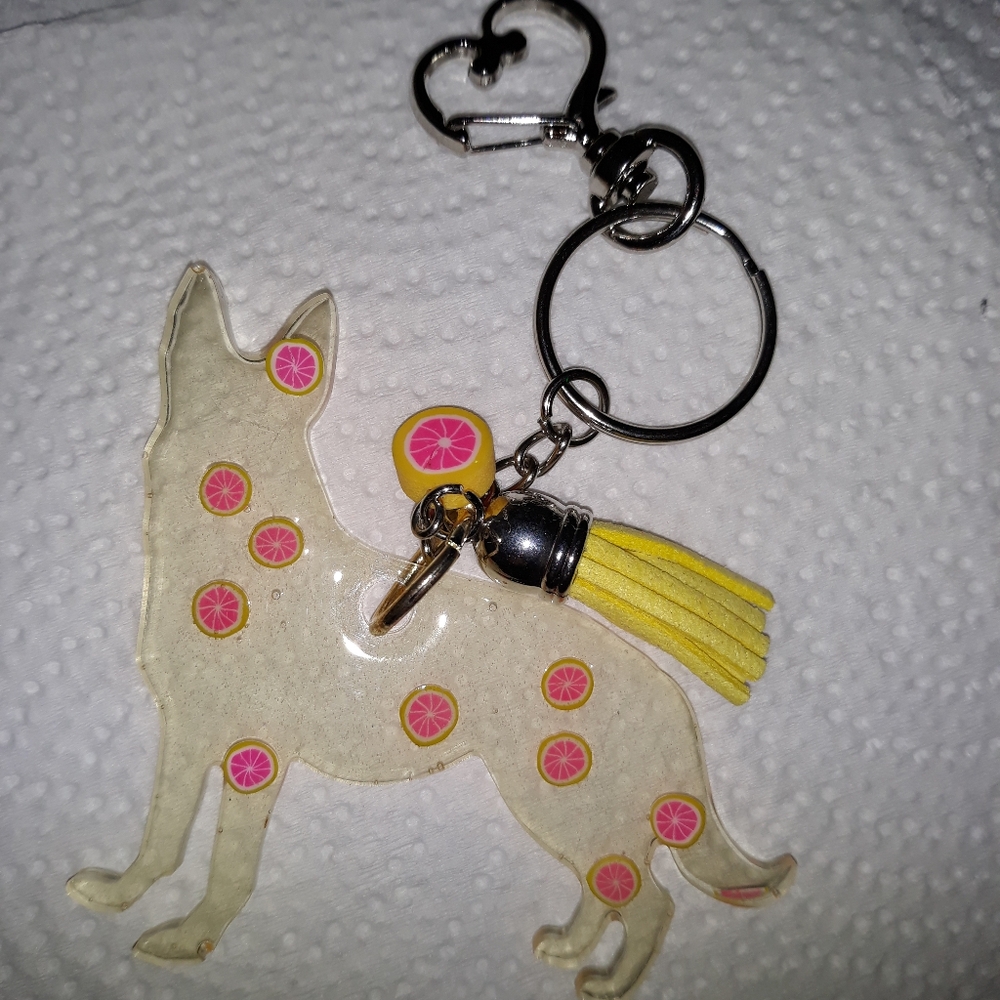 CAT Keychain Light Yellow Acrylic with Pink Accents   Bright yellow Tassel NEW